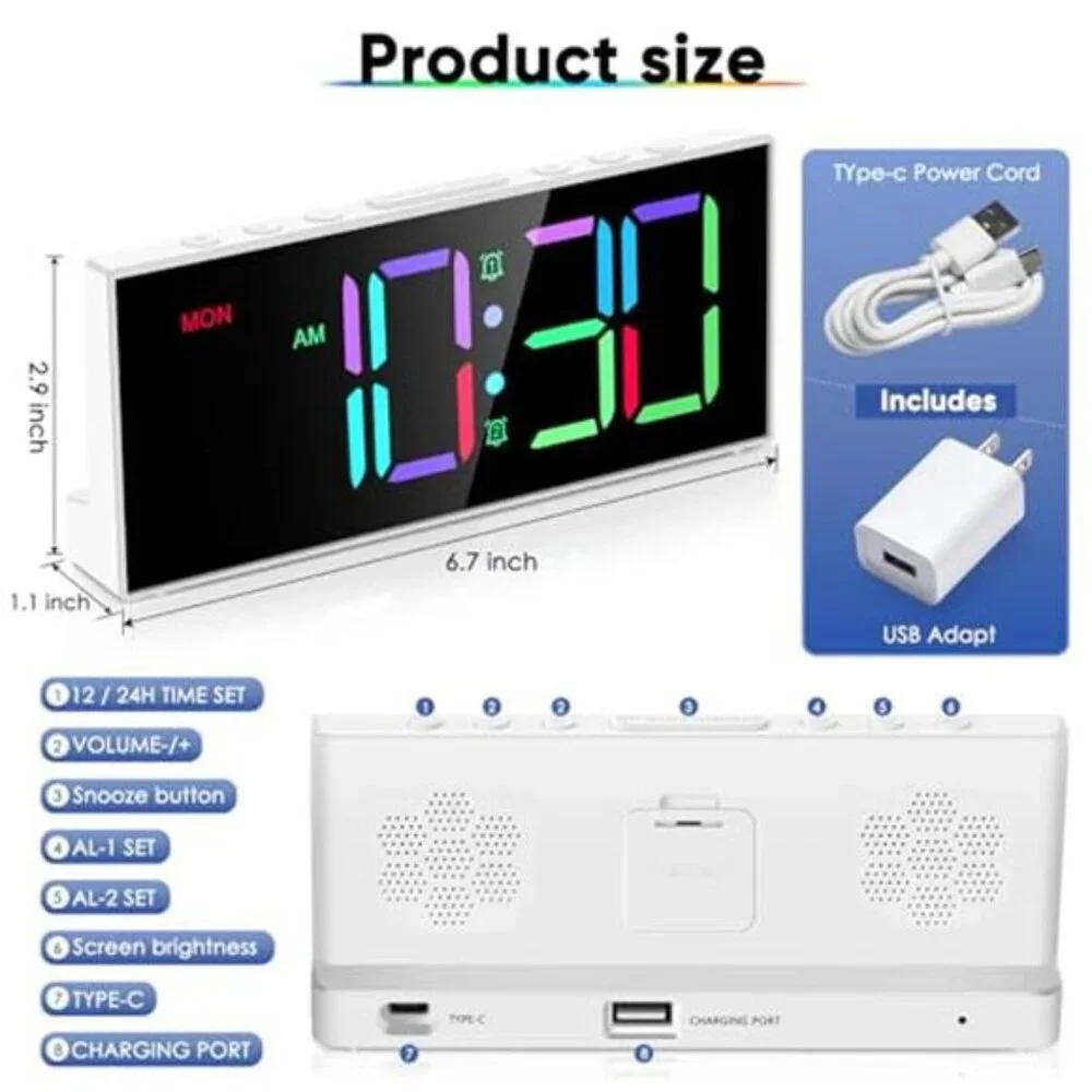 Large Digital Alarm Clock Big Numbers Dual Alarm USB Mirror LED White